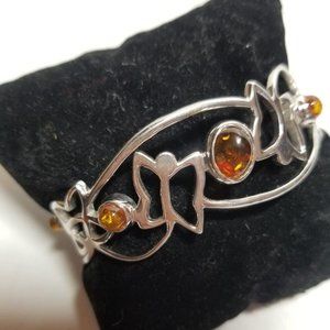 Modern Butterfly 925 Non Tarnish Sterling Silver Natural Amber Cuff Bracelet